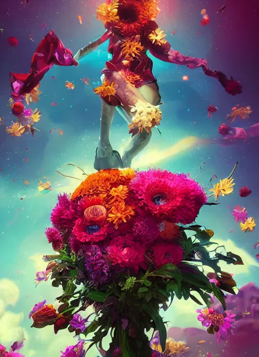 Image similar to An epic fantastic realism comic book style painting of the most beautiful flowers launched across the galaxy, bouquets, fisheye lens, unreal 5, DAZ, hyperrealistic, octane render, dynamic lighting