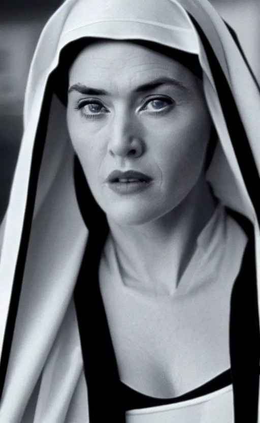 Image similar to kate winslet as a nun in her childhood days, intricate, cinematic lighting, highly detailed, canon 3 5 mm photography, horizontal symmetry, smooth, sharp focus