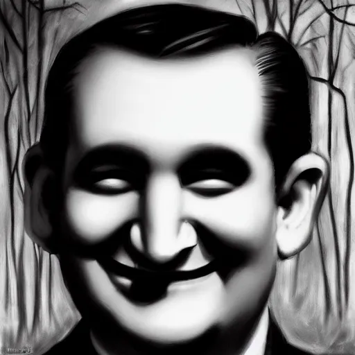 Prompt: Ted Cruz with a wide grin chases you through a dark forest, black and white, creepy lighting, scary, horror, ornate, eerie, fear, oil painting