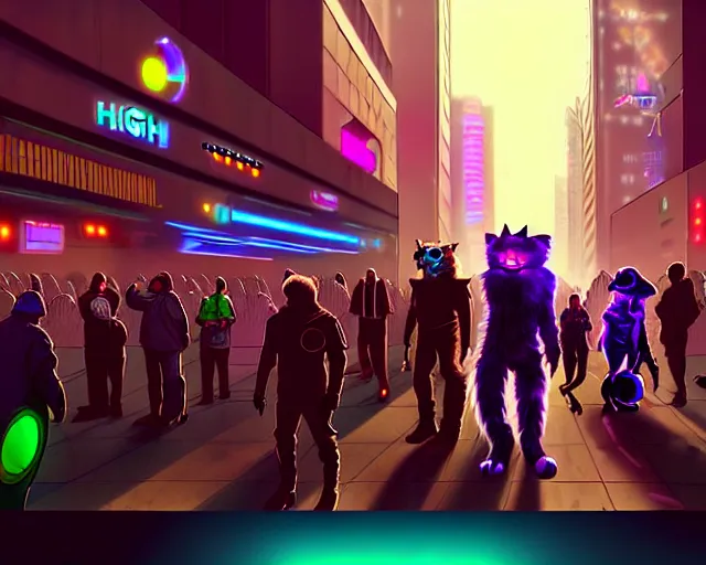 Image similar to high - resolution photograph from a cyberpunk era furry fandom convention ( midwest furfest 2 0 4 7 ), taking place after the genetic revolution and quantum singularity. photorealistic.