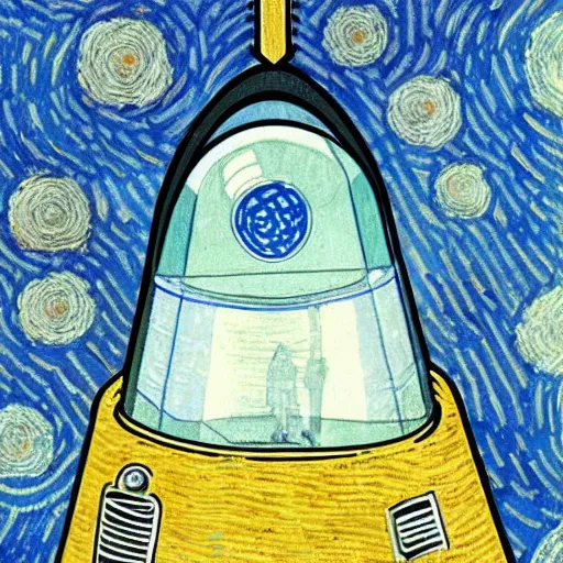 Image similar to a space rocket inside a snow globe by van gogh