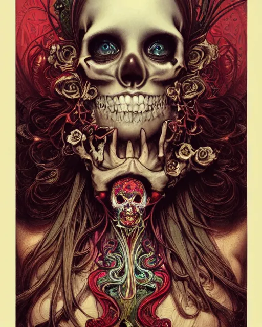 Image similar to perfectly centered portrait front view of a angry dead rotten beautiful female skull growing ornamentation all around, ornate, ornaments, detailed, symmetrical, elegant, beautifully soft lit, by wayne barlowe, peter mohrbacher, kelly mckernan, alphonse mucha