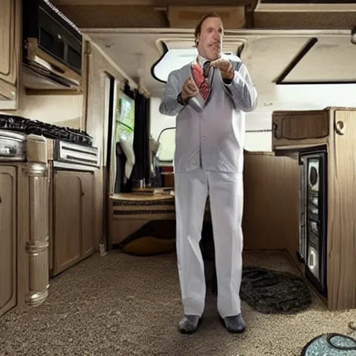 Prompt: saul goodman cooking meth in a rv photorealistic