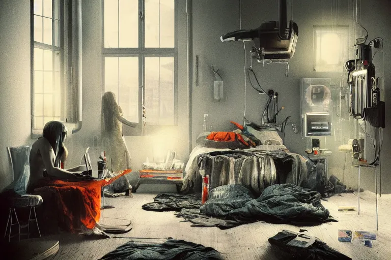 Image similar to IKEA catalogue photo, cyberpunk teenager bedroom, ghosts, screens, TVs, monitors, robots, by Beksiński