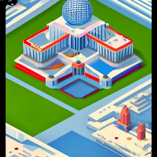 Prompt: a beautiful illustration of an isometric stylized EPCOT, screenshot from VMK, screenshot from YoWorld, featured on artstation