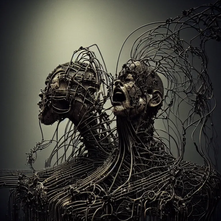 Image similar to portrait of abandoned ribbed organic biomechanical sculpture of two kissing cyborgs, covered with wires, spines, roots, ash, mold, meat, baroque painting, standing in a desolate empty wasteland, creepy, nightmare, dream-like heavy atmosphere, dark fog, surreal abandoned buildings, baroque painting, beautiful detailed intricate insanely detailed octane render trending on Artstation, 8K artistic photography, photorealistic, volumetric cinematic light, chiaroscuro, zoomed out, fisheye, Raphael, Caravaggio, Beksinski, Giger BW