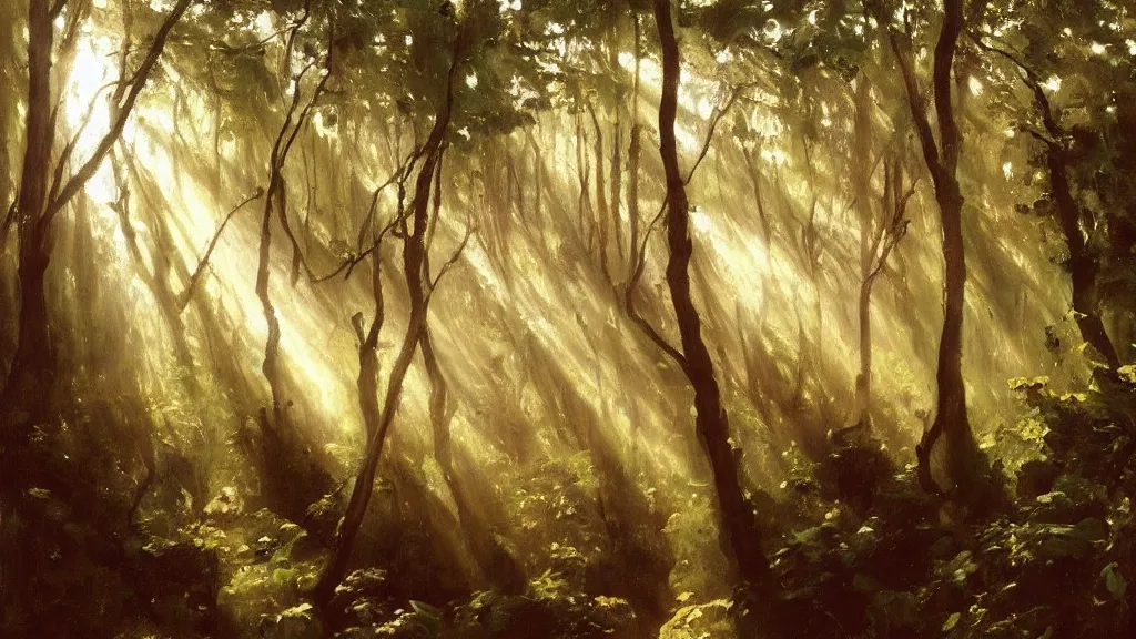 Prompt: A John Singer Sargent oil painting of a hauntingly beautiful elven forest in the morning; rays of light coming through the canopy; trending on artstation; extraordinary masterpiece!!!!!!; 8k