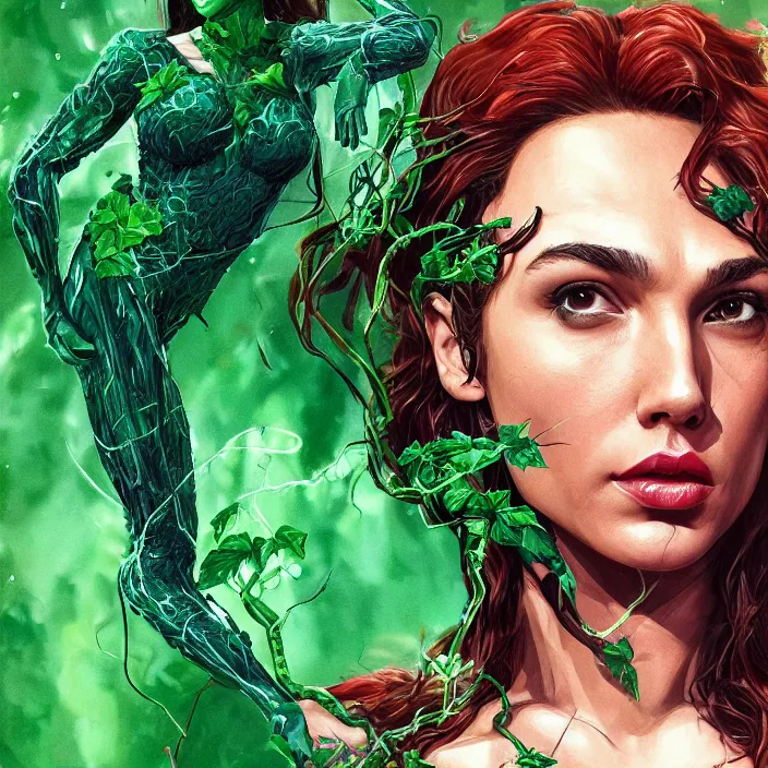 Image similar to portrait of Gal Gadot as a Poison Ivy. intricate artwork. by Tooth Wu, wlop, beeple, dan mumford. octane render, trending on artstation, greg rutkowski very coherent symmetrical artwork. cinematic, hyper realism, high detail, octane render, 8k