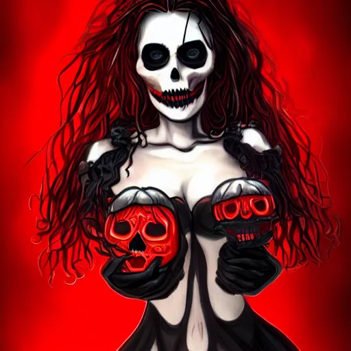 Prompt: Female death holding a red and black skull, kodachrome, high contrast, highly detailed, sharp focus, digital painting, concept art, illustration, trending on artstation