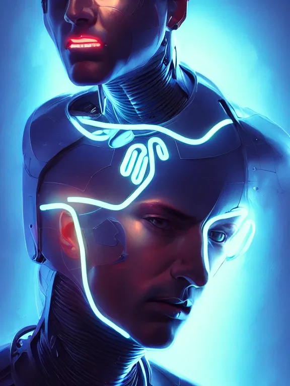 Image similar to portrait of male humanoid, intricate, masculine, cyber neon lights, highly detailed, digital photography, artstation, stylish pose, concept art, smooth, sharp focus, illustration, art by artgerm and greg rutkowski