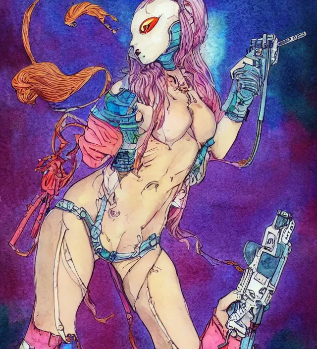 Image similar to a watercolor ink painting of bunnygirl gun bunny in the style of jean giraud in the style of moebius trending on artstation deviantart pinterest detailed realistic hd 8 k high resolution