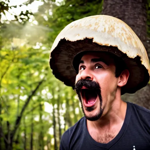 Image similar to photo of real life mario finding a giant mushroom, exhilarated, portrait, closeup. mouth open, 30mm, bokeh