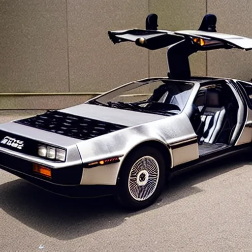 Image similar to a delorean with tiger skin viynl rap,