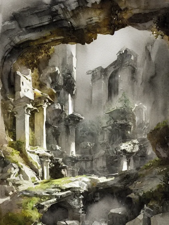 Prompt: abstract watercolor painting of hedonic scandinavian palace, in stone and marble, covered in moss, magical and traditional, runes, cinematic light, national romanticism by anders zorn, by greg rutkowski, by greg manchess