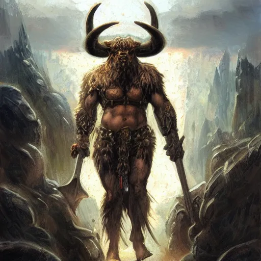 Image similar to huge smug minotaur wielding a greataxe, realistic art by donato giancola and greg rutkowski, digital art, trending on artstation, symmetry!!