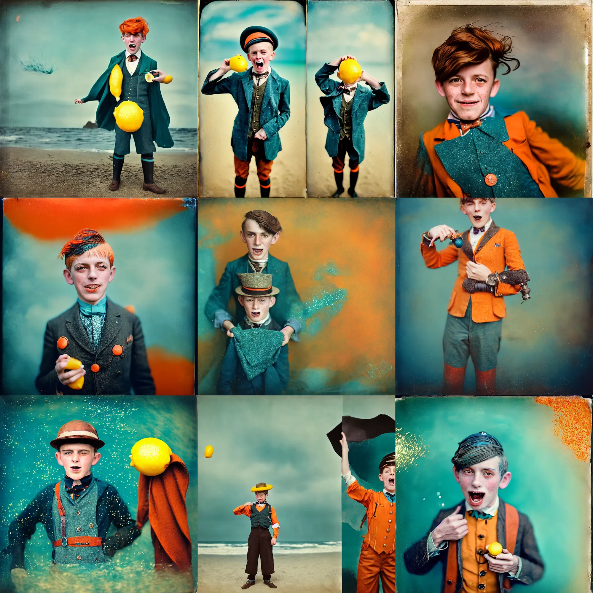 Prompt: kodak portra 4 0 0, wetplate, motion blur, portrait photo of a handsome, screaming 8 year old steampunk boy hero in the 1 9 2 0 s at the sea, wearing a lemon, 1 9 2 0 s cloth hair, coloured in teal and orange, muted colours, by britt marling, glitter storm
