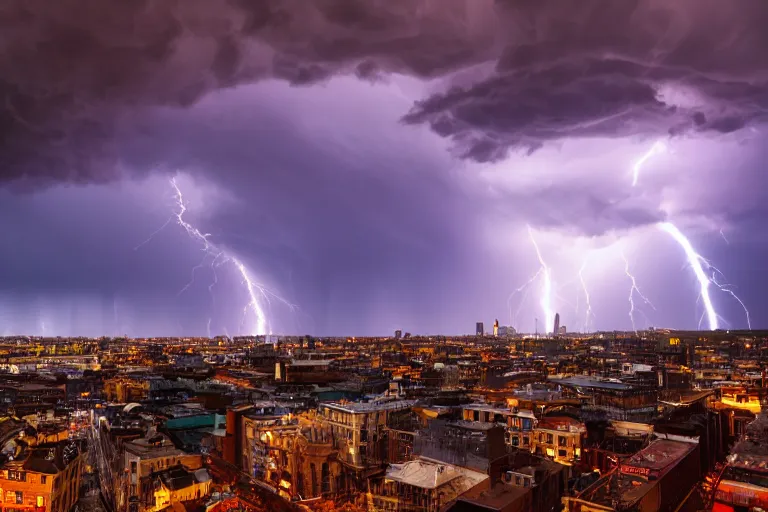 Prompt: a photo of a supercell thunderstorm in a city, cityscape, illuminated from various angles by the setting sun, cinematic, dynamic lightning, lightning bolts, mystic hue clouds