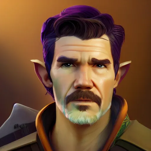 Prompt: Portrait of Josh Brolin as a male elf ranger, pointy ears, brown long hair, no beard, inquisitive look, perfect facial symettry, mattepainting concept Blizzard pixar maya engine on stylized background splash comics global illumination lighting artstation lois van baarle, ilya kuvshinov, rossdraws