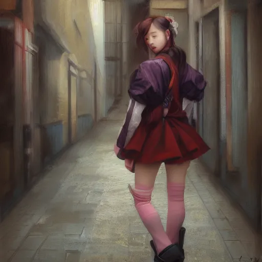 Prompt: a perfect, realistic professional oil painting in baroque style, of a Japanese schoolgirl posing in a dystopian alleyway, close-up, by a professional American senior artist on ArtStation, a high-quality hollywood-style concept