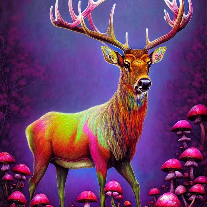 Image similar to extremely psychedelic elk made of orchid and cherry blossom tree and mushroom, LSD, diffuse lighting, fantasy, intricate, elegant, highly detailed, lifelike, photorealistic, digital painting, artstation, illustration, concept art, smooth, sharp focus, art by John Collier and Albert Aublet and Krenz Cushart and Artem Demura and Alphonse Mucha