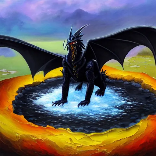 Prompt: highly detailed oil painting of a black dragon in the middle of a colorful hotspring at yellowstone national park, featured on artstation