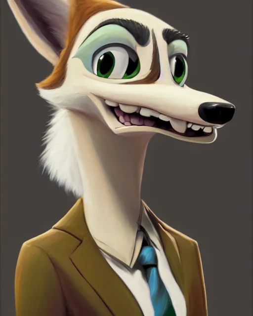 Image similar to oil painting of anthromorphic female wolf, in style of zootopia, female fursona, furry, furaffinity, 4 k, deviantart, furry art, fursona art, wearing black business suit, business suit, wolf fursona, female, very expressive detailed feminine face,