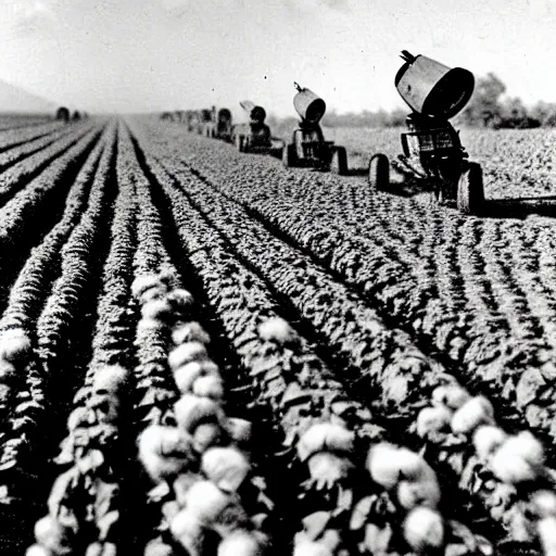 Image similar to robots working in the cotton field , 1824 , old photograph , 4k , HD