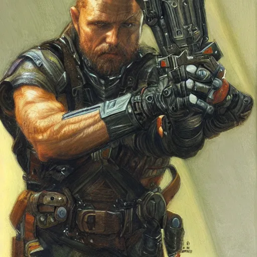 Prompt: templar holding a handgun sideways, by donato giancola.