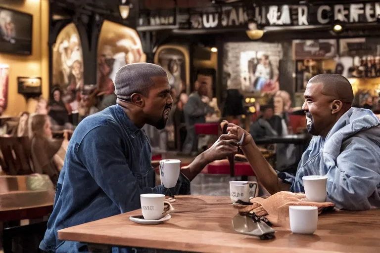 Prompt: Kanye West and Queenz Flip (2018) are best friends, drinking coffee at central perk, still photo, hyperrealistic, 35mm, 8k, by weta digital