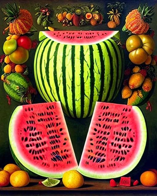 Image similar to interdimensional watermelon being made out of fruits, ethereal still life renaissance painting by giuseppe arcimboldo and alex grey