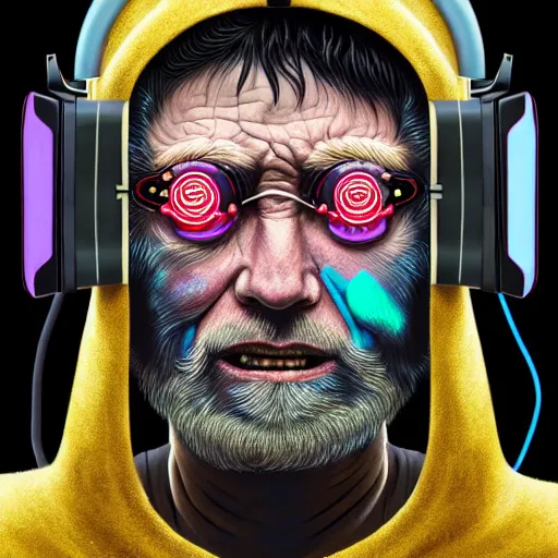 Image similar to Colour Photography of 1000 years old man with highly detailed 1000 years old face wearing higly detailed cyberpunk VR Headset designed by Josan Gonzalez Many details. Man raging screaming . In style of Josan Gonzalez and Mike Winkelmann andgreg rutkowski and alphonse muchaand Caspar David Friedrich and Stephen Hickman and James Gurney and Hiromasa Ogura. Rendered in Blender