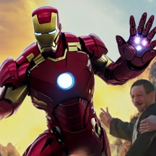 Prompt: iron man high fiving thanos