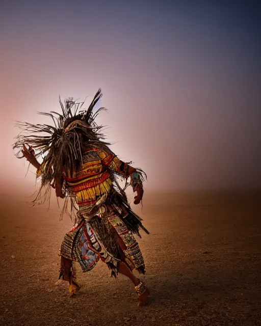 Image similar to tribal chaman dancing as vegetation and flowers grows up around him on the dry desert with cracked soil with fog, epic photography, sunset lighting , 8k