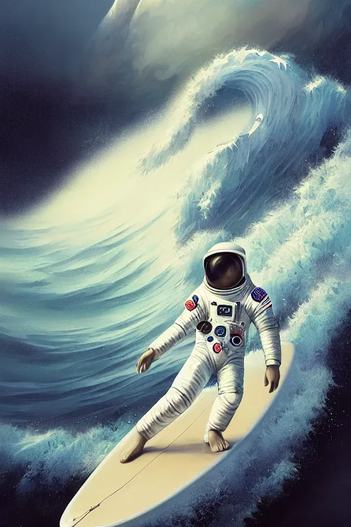 Prompt: a beautiful digital painting of an astronaut in a white space suit surfing the great wave on a surfboard by greg rutkowski, photorealistic, trending on artstation, highly detailed, intricate, unreal engine, octane render