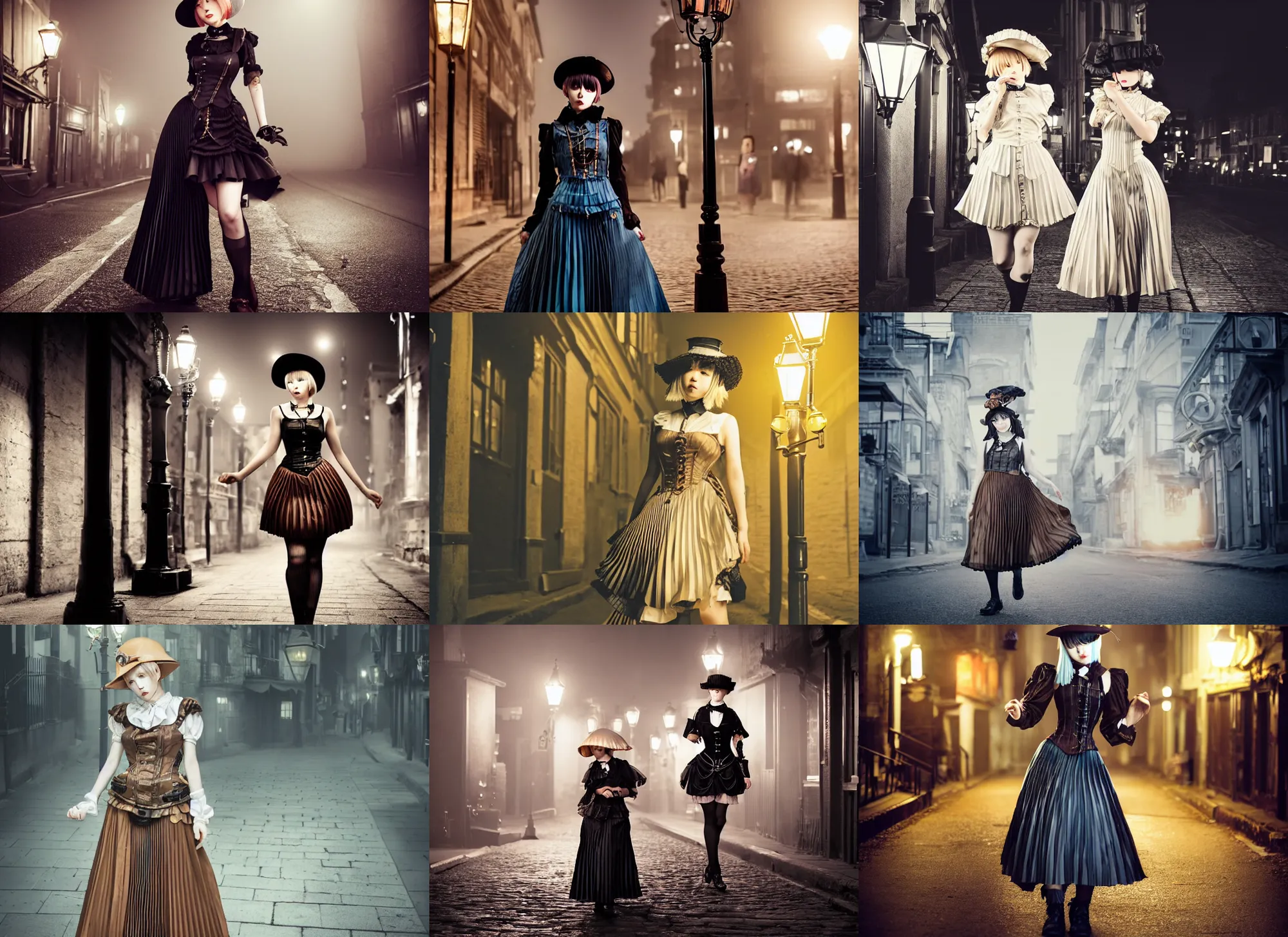 Prompt: full body portrait photo of reol wearing a elegant pleated steampunk dress, open top, wearing a cute hat, waling down a dark busy victorian street exterior, streetlamps, dim studio lighting, at night, ( ( photograph ) ), moody, realistic, detailed, low light, skin tinted a warm tone, light blue filter