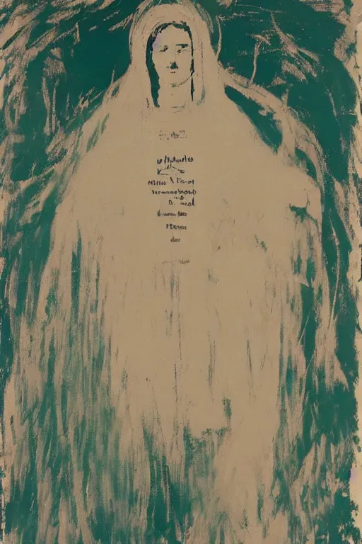 Image similar to virgin mary of lourdes painted by cy twombly and andy warhol
