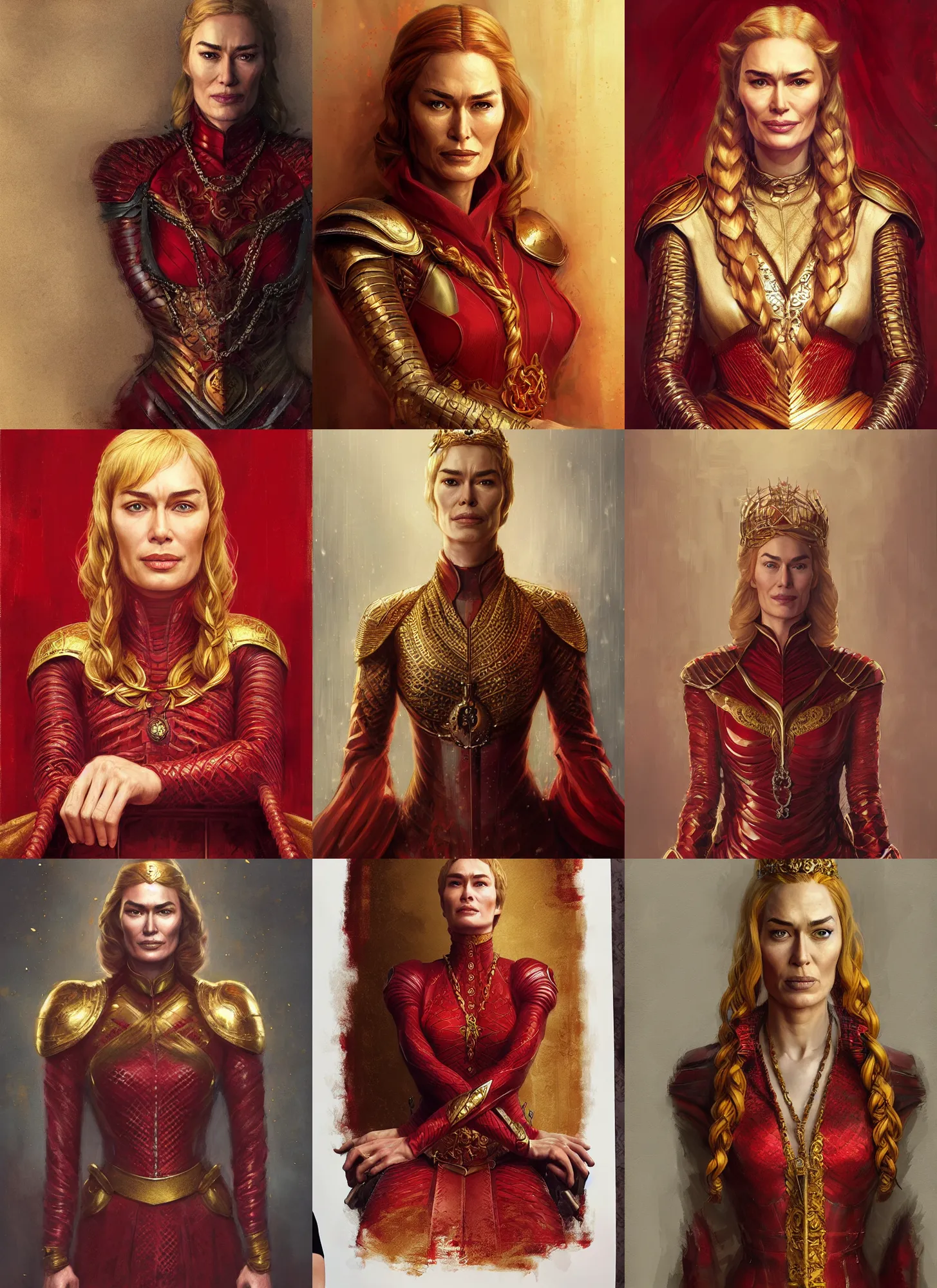 Prompt: portrait cersei lannister sit, red and gold cloth, long braided hair, marvel comics, dark, intricate, highly detailed, artstation, digital illustration, ruan jia, mandy jurgens, rutkowski