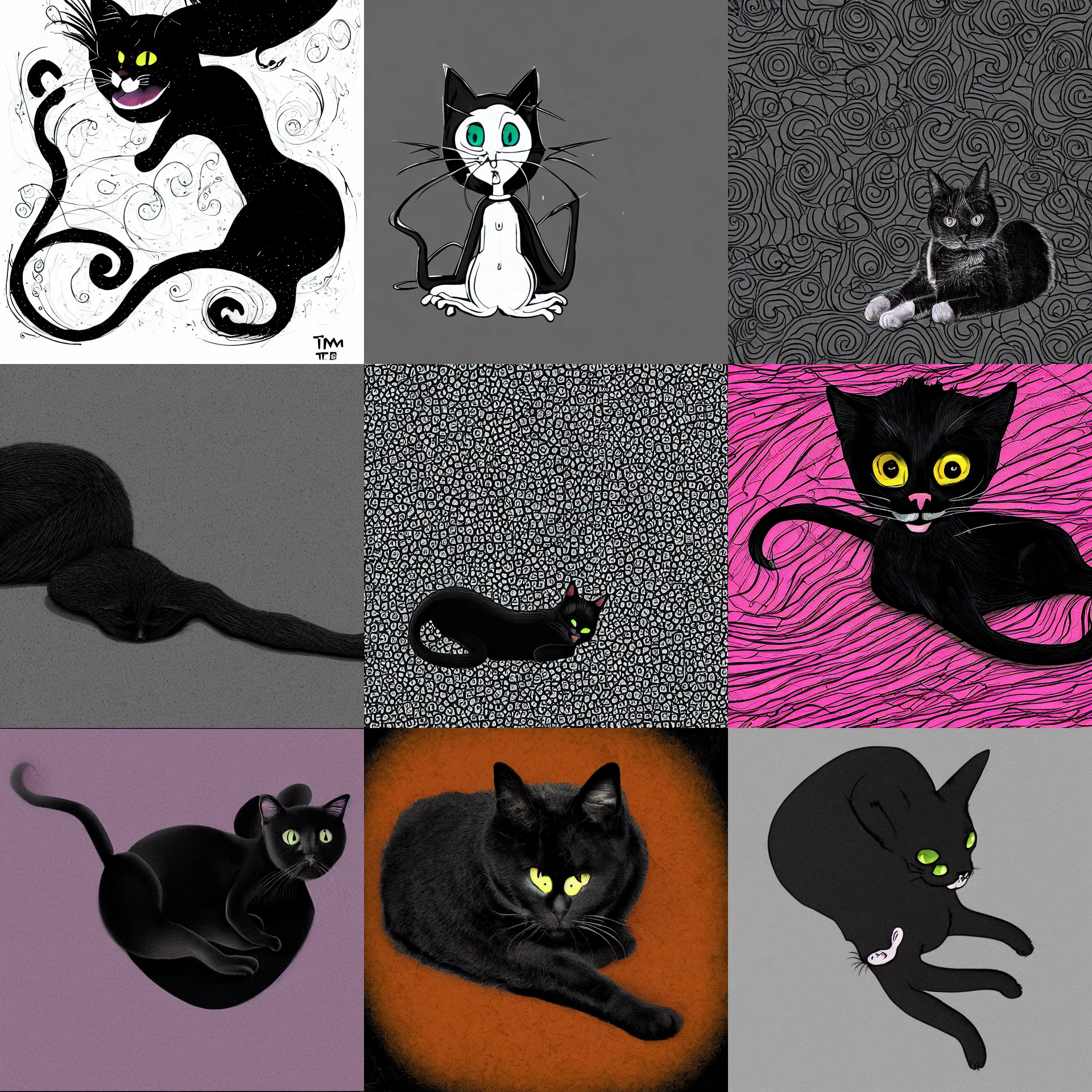 Prompt: a black relaxed cat lying on the floor, digital art, animated style, Tim Burton's style