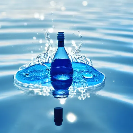 Prompt: bottle of mineral water balancing on its edge on the water surface in the center of the frame, a blue sky with clouds from above, minimalistic and beautiful