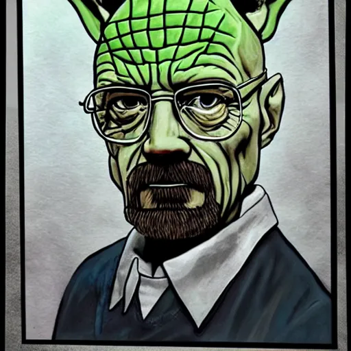 Image similar to Walter white as Yoda, punk rock, retro futuristic