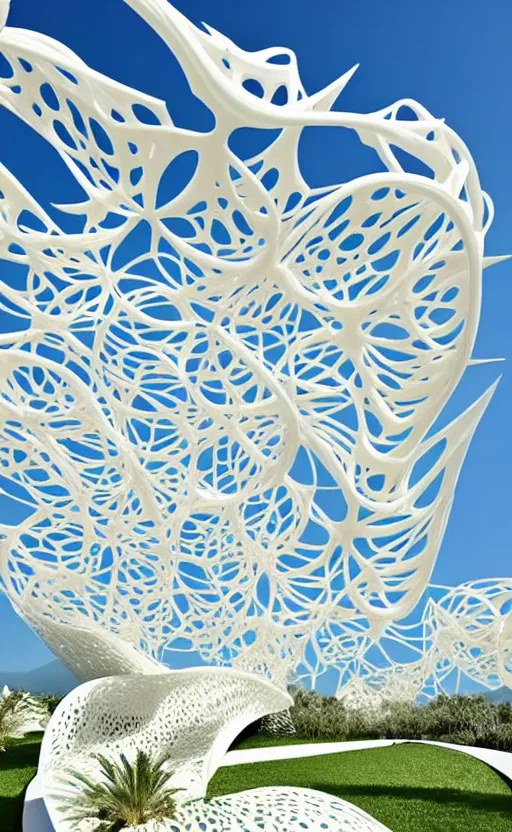 Image similar to elegant white art 3 d printed parametric installation with playful surreal tall lemon groves, beautiful sunny day, fluidity, vincent callebaut, mamou - mani, innovative voronoi pavilion with huge white magnolias above