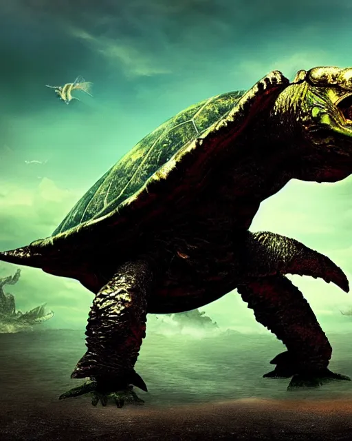 Image similar to photos of Gamera, the giant Turtle kaiju monster, shot in the style of National Geographic, atmospheric, Japan, hyperreal