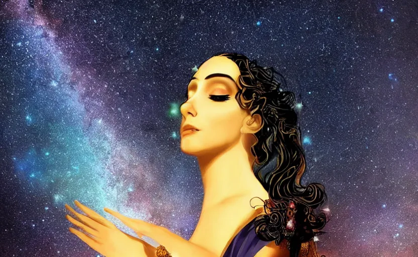 Prompt: magnificent stunning image of the goddess, the embodiment of the night starry sky