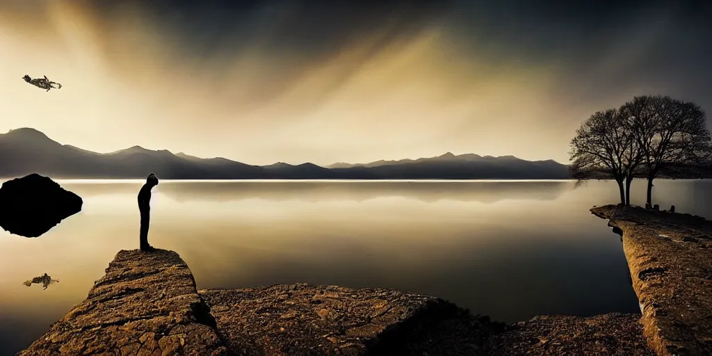 Image similar to amazing landscape photo of astronaut!!! standing on the lake at sunrise by Charlie Waite beautiful dramatic lighting, surrealism