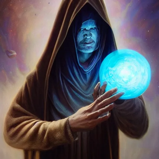 Image similar to the creator of worlds wearing a cloak and holding a holographic planet projection in his hand, detailed, sci - fi, digital painting, artstation, sharp focus, illustration, ominous, artgerm, tomasz alen kopera, peter mohrbacher, donato giancola, joseph christian leyendecker, wlop, frank frazetta