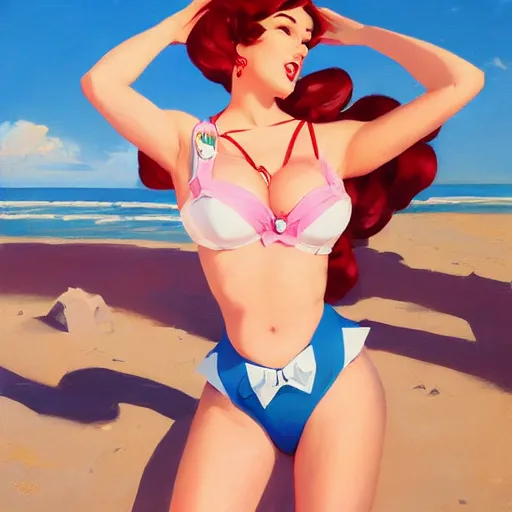 Image similar to pinup art of d. va from overwatch in a beach, artwork by greg manchess, medium shot, asymmetrical, organic painting, sunny day, matte painting, bold shapes, hard edges, street art, trending on artstation, by huang guangjian and gil elvgren and sachin teng 1 9 5 6