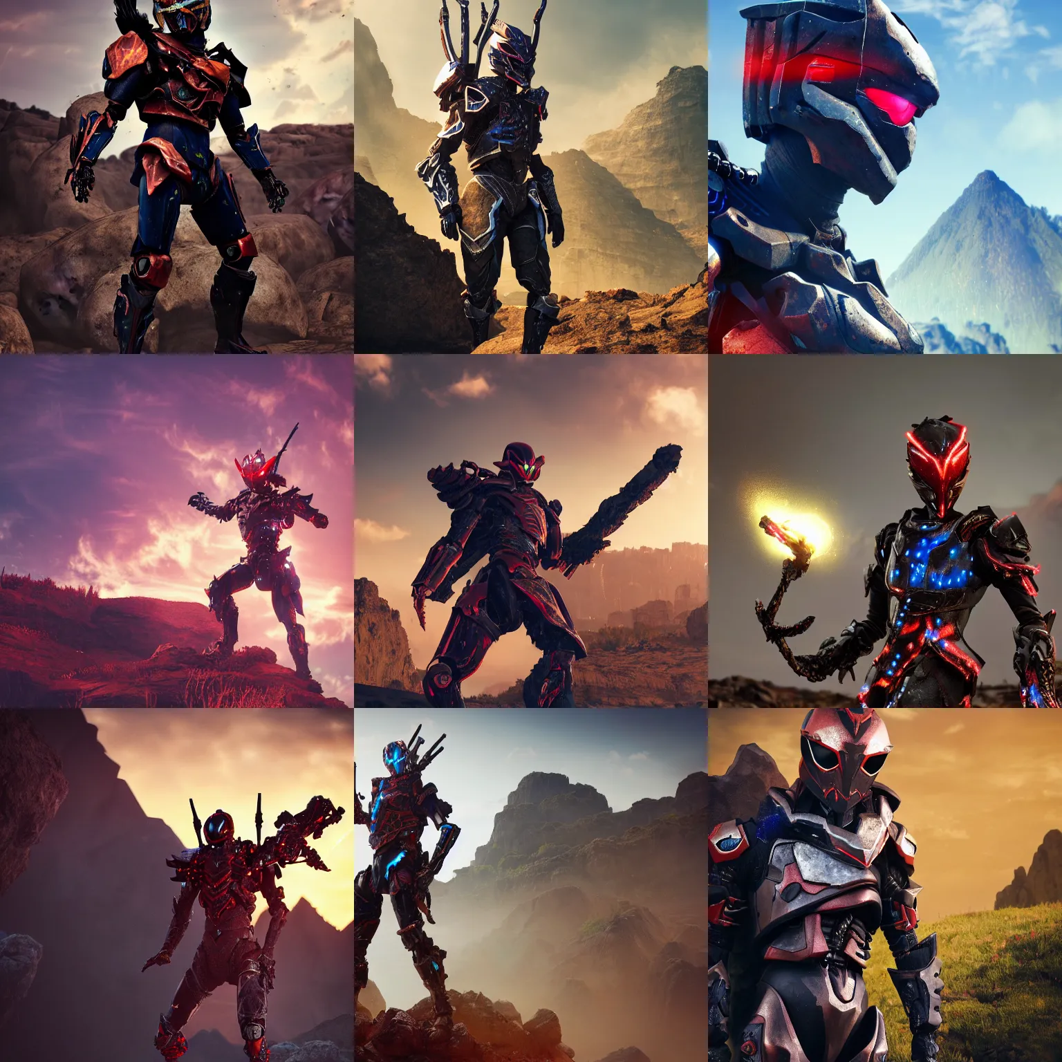 Prompt: High Fantasy Kamen Rider standing in a rock quarry, single character full body, 4k, glowing eyes in helmet, rock quarry location, daytime, black rubber suit, pvc armor, dark blue with red secondary color armor, biomechanical, ultra realistic, moody colors, octane render, Horizon Zero Dawn Cinematography