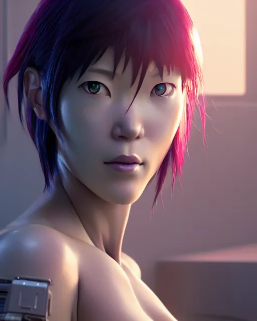 Image similar to weta disney pixar movie still portrait photo of motoko kusanagi ghost in the shell : : as cyborg woman by pixar : : by weta, wlop, ilya kuvshinov, rossdraws, artgerm, marvel, maxim cover, latex, octane render, sweaty, iridescent, bright morning, anime, liosh, mucha : :