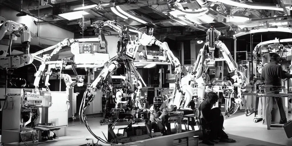 Image similar to a futuristic film studio with robot technicians preparing a scene by stanley kubrick, sci - fi, color vibe, reimagined by industrial light and magic