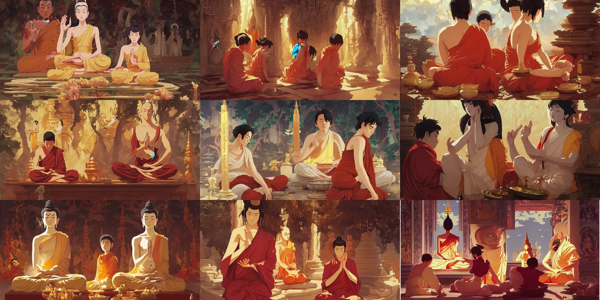 Prompt: buddhism, temple, in the style of studio ghibli, j. c. leyendecker, greg rutkowski, artem